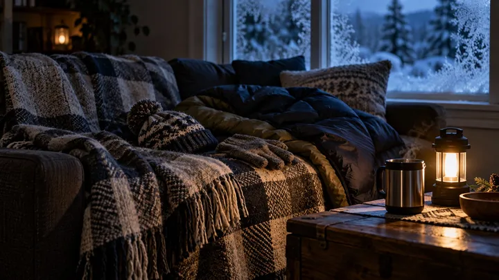 A sofa piled with wool blankets, a sleeping bag, a knitted hat and gloves beside a lantern and a thermos cup, with a frosted window and snowy trees outside