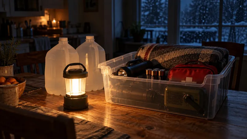 A kitchen table at dusk during a snowy power outage, with a battery lantern, two water jugs and a clear tub holding flashlights, batteries, a crank radio, a first aid pouch and a wool blanket