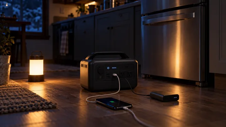 A portable power station on a dark kitchen floor beside a refrigerator, charging a phone and a power bank, with a small lantern glowing nearby