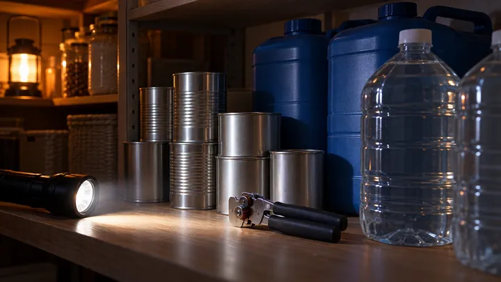 A pantry shelf lit by a flashlight, holding blue water containers, clear water bottles, unlabelled cans and a manual can opener