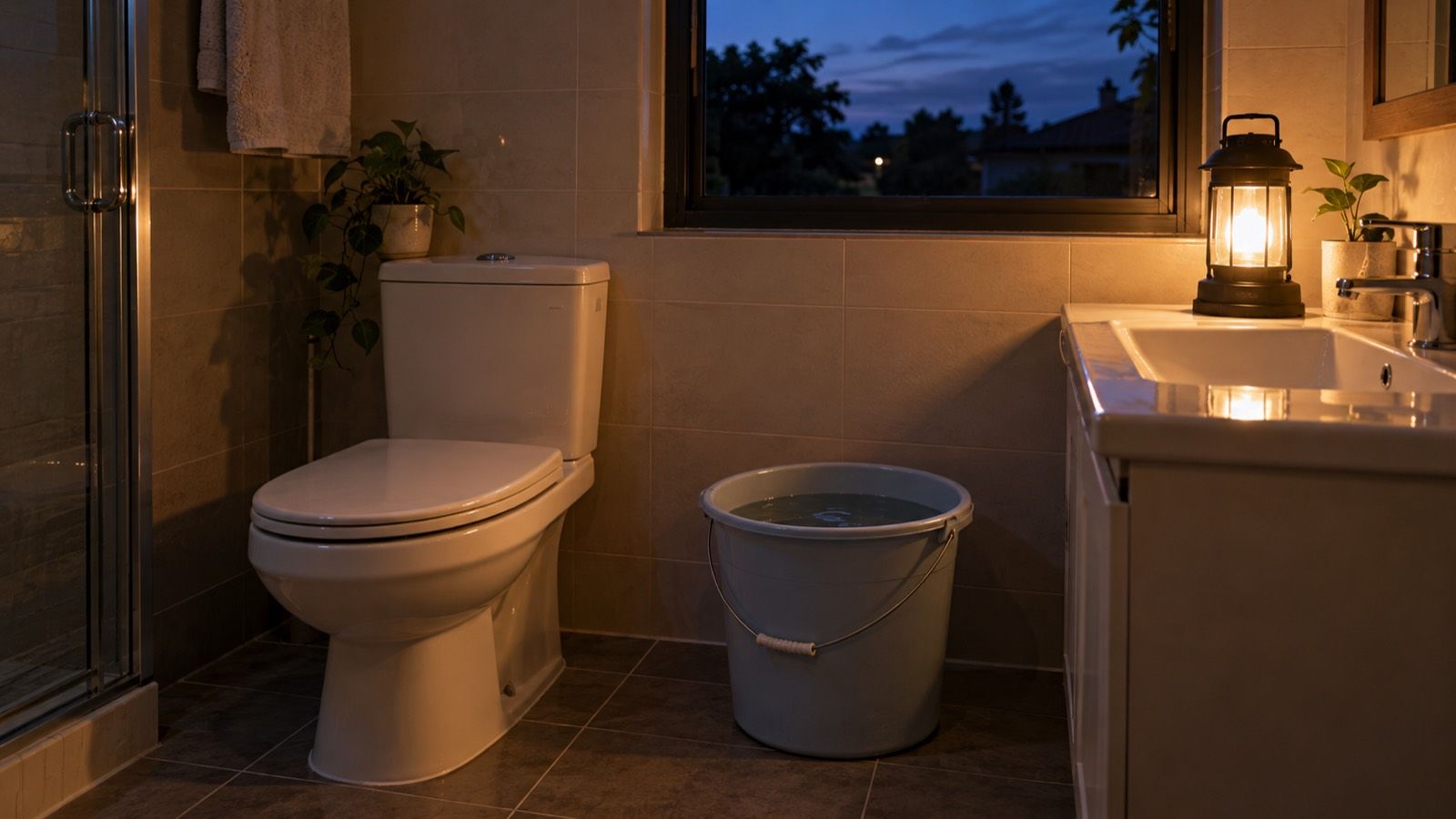 A tidy bathroom at dusk with a toilet, a plastic bucket of water on the floor and a lit lantern on the sink
